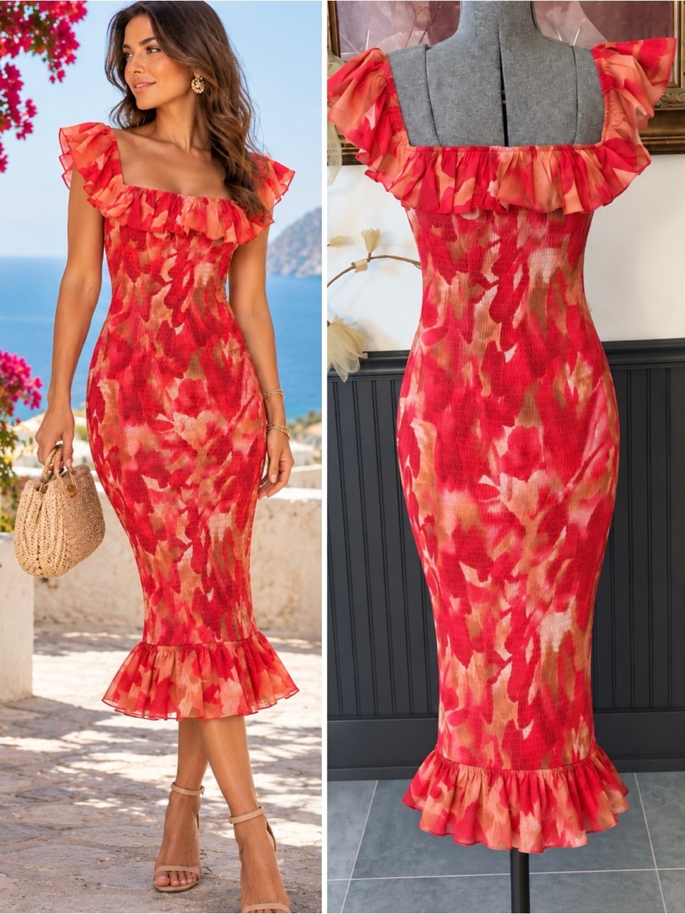 Sage + Paige Floral Smocked Ruffle Off Shoulder Midi Dress Red Sz S🧡🍄